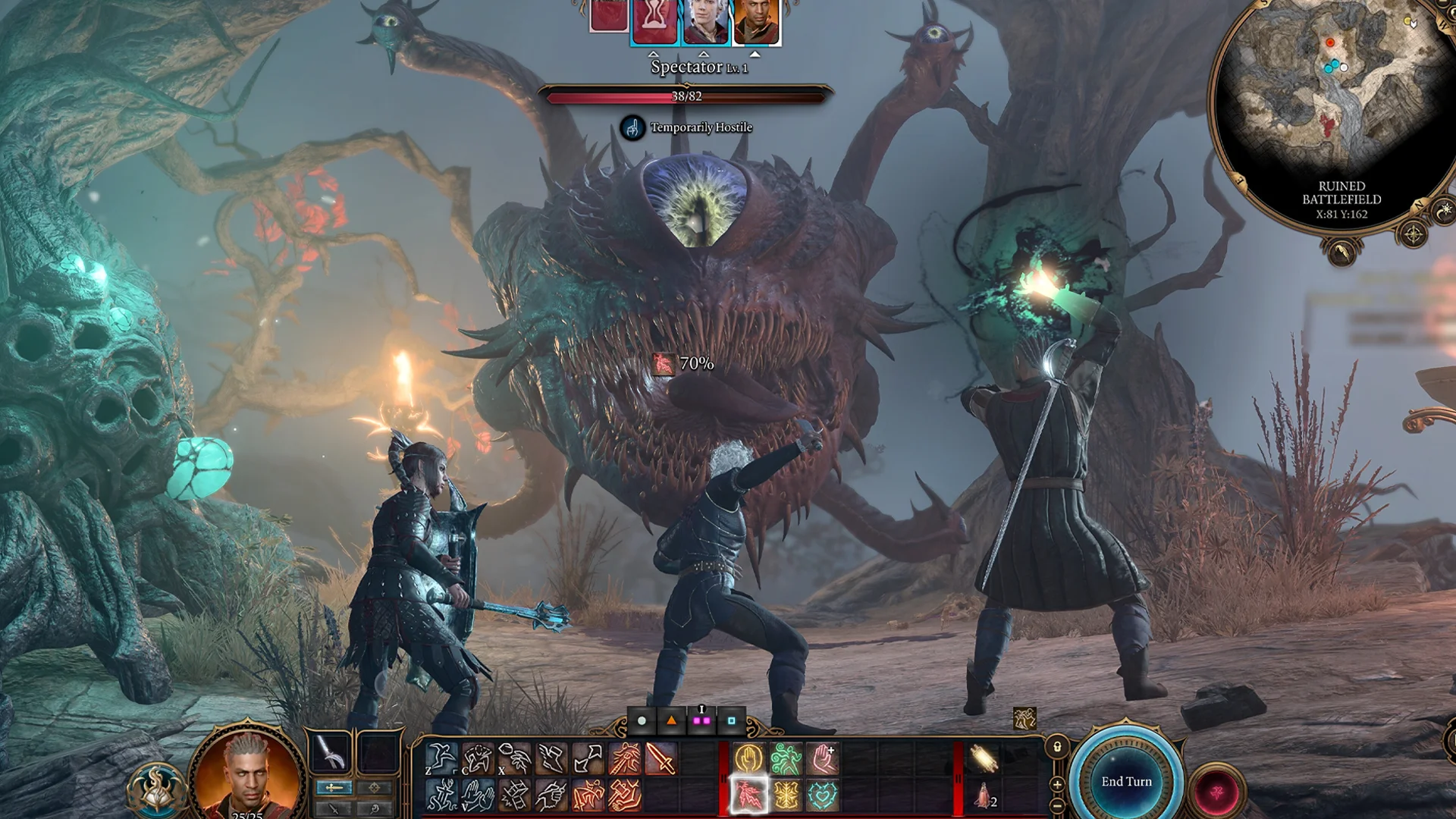 Image de Baldur's Gate 3 présentant plusieurs personnages combattant un monstre
